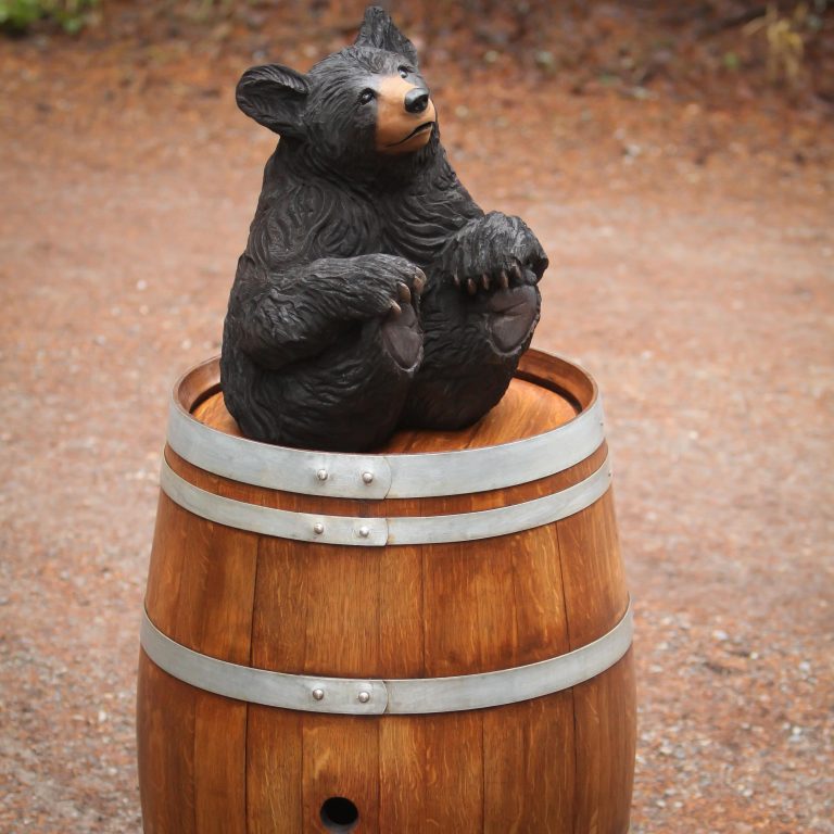 Carved Black Bear with Wine Barrel
