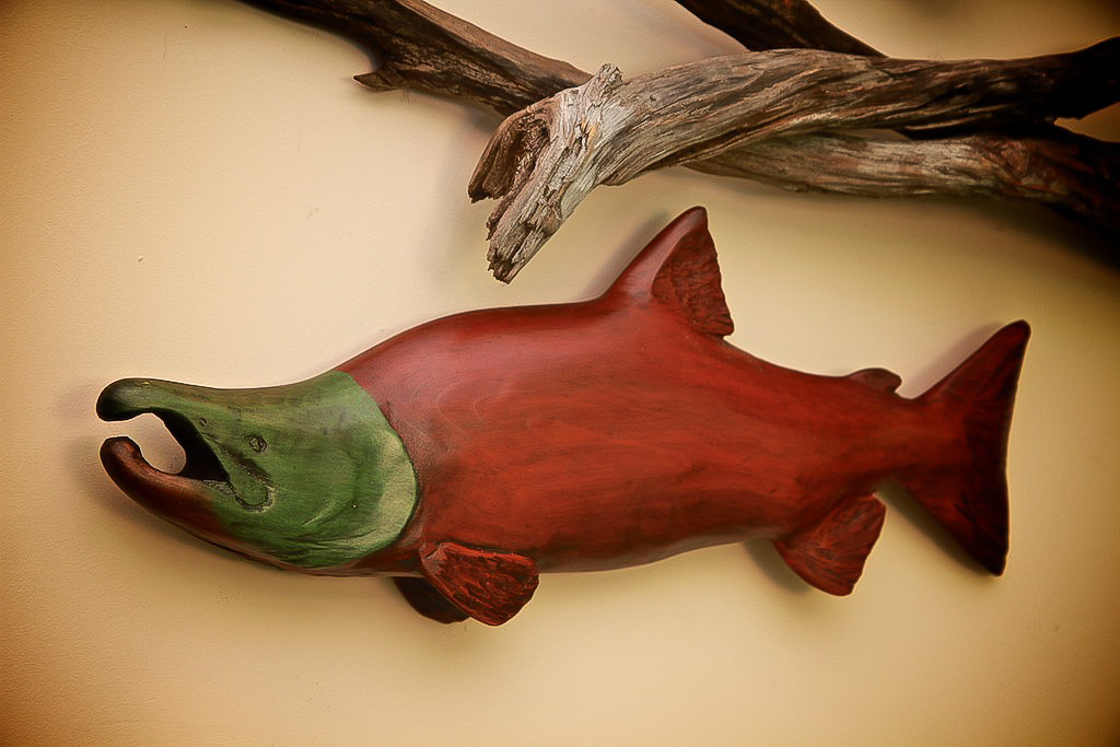 Jeff May Art / Wood Sculpture of Sockeye Salmon "Home Waters"