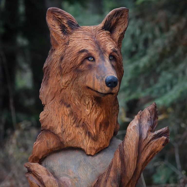 Carved Wolf Head Bust